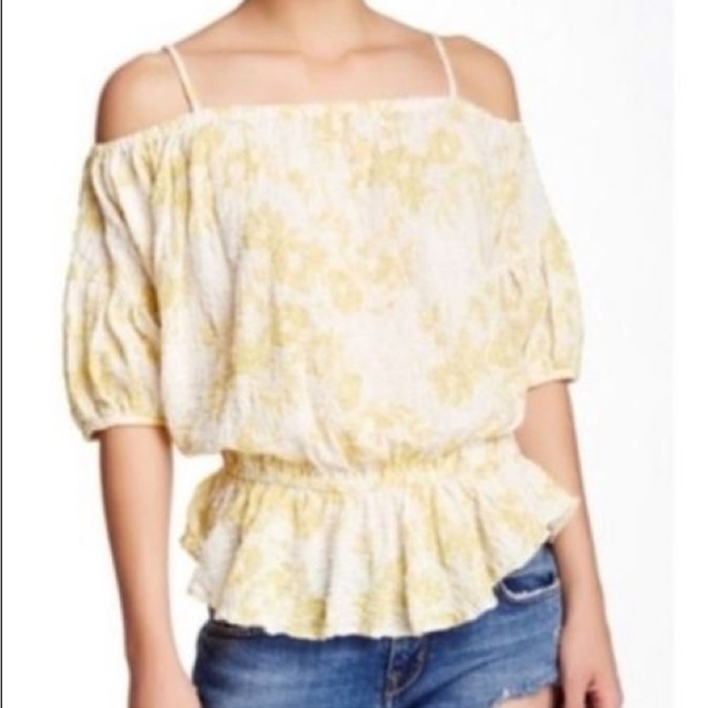 Free People Shades of Cool Off Shoulder Gauzy Smocked Peplum Top. Size Medium.